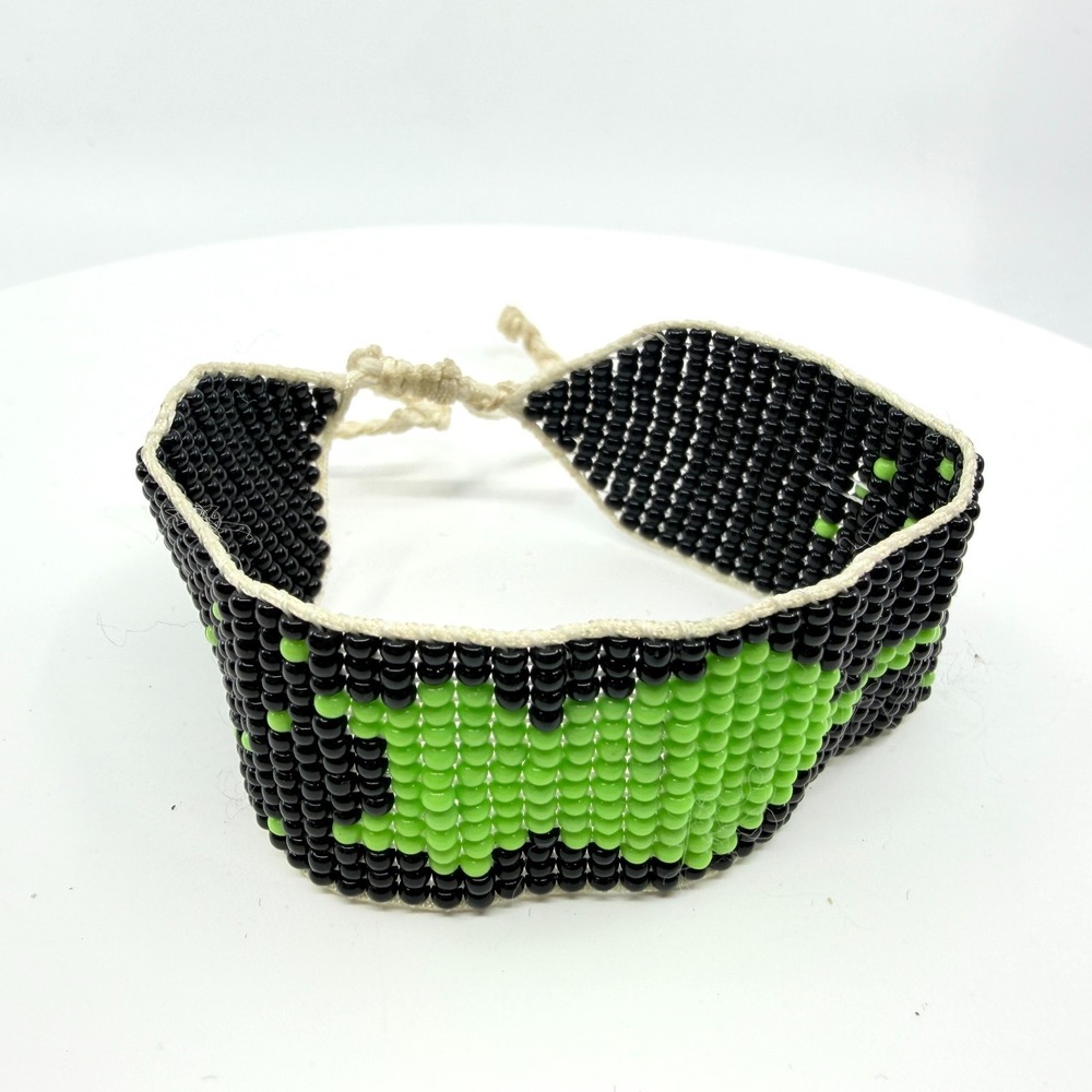 Neon Green & Black Seed Bead Loom Bracelet Y2K Grunge Festival Jewelry Gift